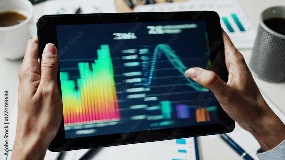 Poster financial professional reviewing market trends and performance indicators on tablet screen, analyzin