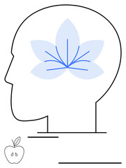 Human head outline with abstract flower inside representing creativity and growth apple representing knowledge Ideal for education, mindfulness, health, self-improvement, innovation, balance