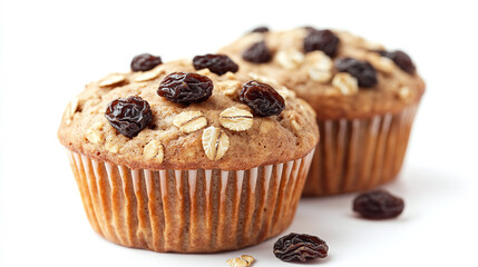 Close-up of two oatmeal raisin muffins with whole oats and plump raisins, isolated on white background, perfect for breakfast, snack, and bakery concepts.