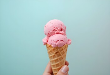 Female hand holding strawberry ice cream cone, copy space, space for text