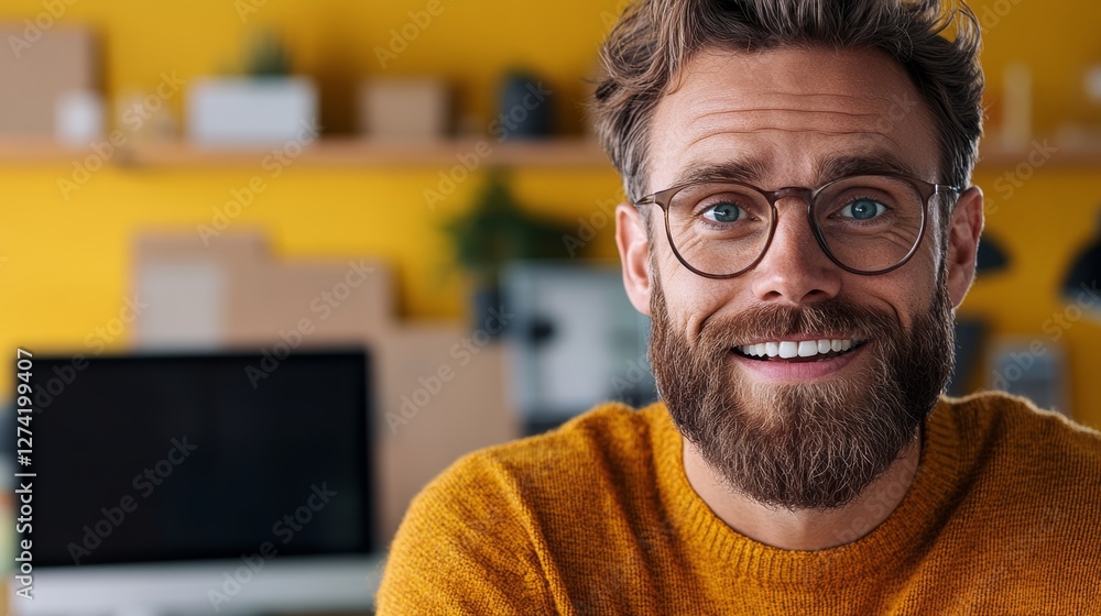 Poster man with glasses is smiling and wearing a yellow sweater. he is standing in front of a desk with a c