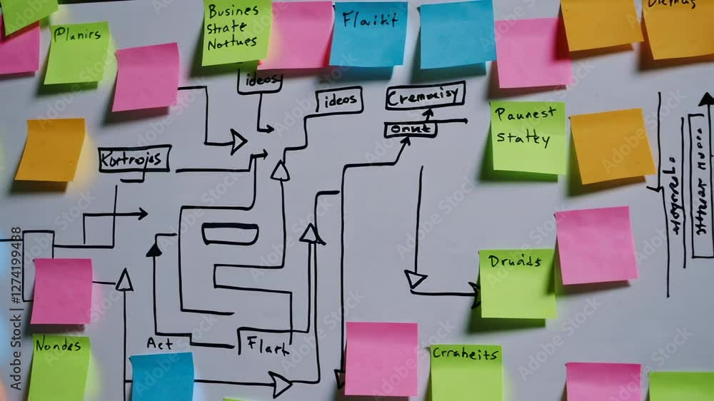 Aufkleber Slow motion video showcasing a business plan evolving on a whiteboard, illustrated with a complex flowchart and annotated with colorful sticky notes