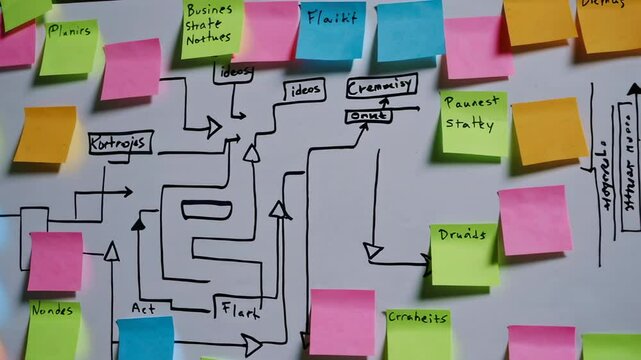 Slow motion video showcasing a business plan evolving on a whiteboard, illustrated with a complex flowchart and annotated with colorful sticky notes