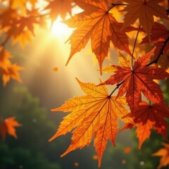 Fototapeta premium Soft golden light filters through maple leaves, autumn, warm