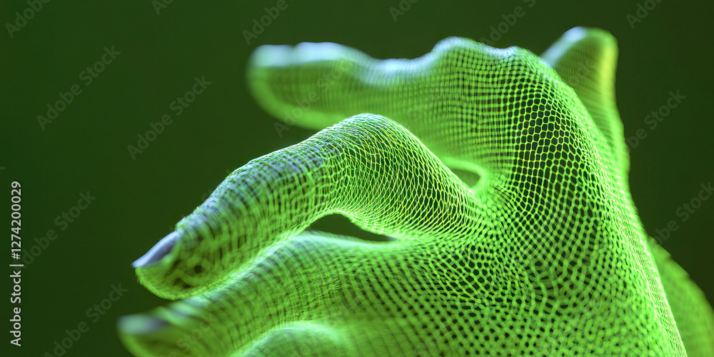 Poster three-dimensional render of a green mesh hand