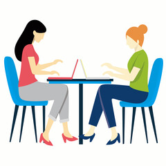 Female character working with laptop vector illustration. vector illustration of two women working online using a laptop at a table. businesswoman. teamwork