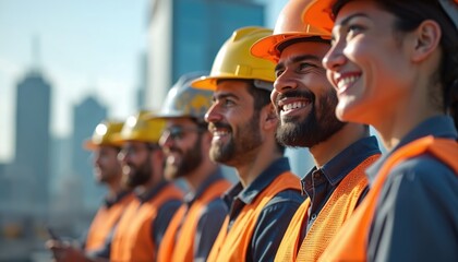 Happy diverse group of construction workers at building site. Confident engineers architects team wearing helmets, safety vests. Modern industrial skyline background. Teamwork concept at warehouse