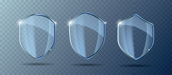 Blue glass screen set. Protection shield concept. Security badge icon. Privacy banner shield. Security label.