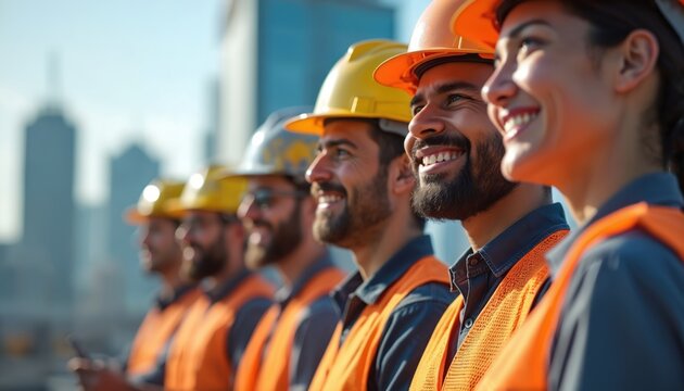 Happy diverse group of construction workers at building site. Confident engineers architects team wearing helmets, safety vests. Modern industrial skyline background. Teamwork concept at warehouse