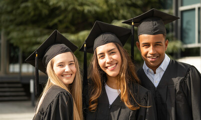Portrait of three happy multiethnic graduates wearing graduation gowns and caps smiling at their...
