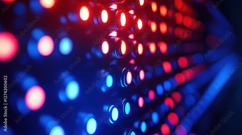Aufkleber close-up view of vibrant led lights emitting red and blue colors, creating a visually striking patte