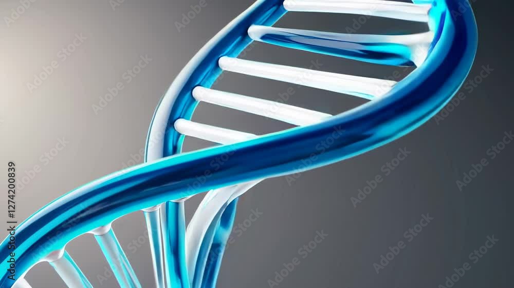 Poster Detailed 3d rendering of rotating blue and white double helix dna molecule, highlighting intricate genetic structure against neutral gray background with scientific precision