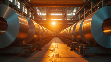 Industrial warehouse with metal coils and warm sunlight streaming in