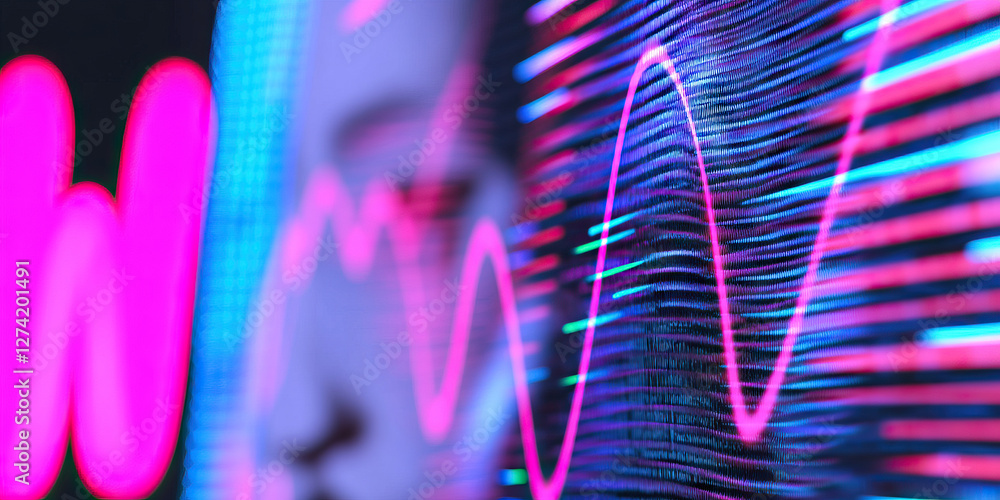 Poster abstract data visualization with pink and blue waveforms