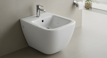 Fototapeta premium Modern Bidet Fixture with Chrome Faucet in Contemporary Bathroom Interior