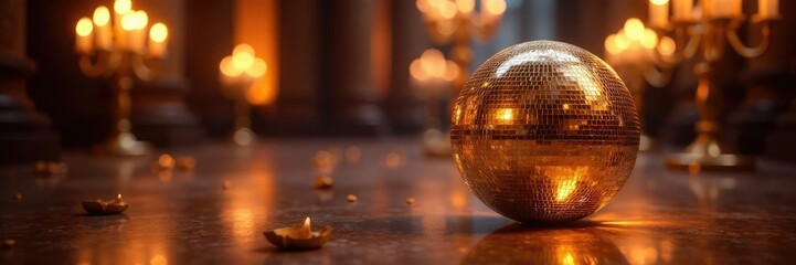Shiny gold disco ball on floor amidst candelabras, candlelight, opulent, centerpiece