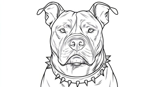 Pit bull portrait, spiked collar, monochrome,  coloring page