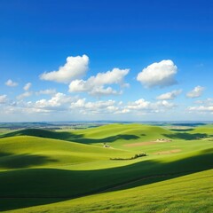 Obraz premium Rolling Hills and Green Pastures Under a Clear Blue Sky, clouds, serene
