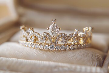 Elegant golden crown adorned with sparkling diamonds displayed in a velvet-lined box, showcasing exquisite craftsmanship and luxury suitable for special occasions