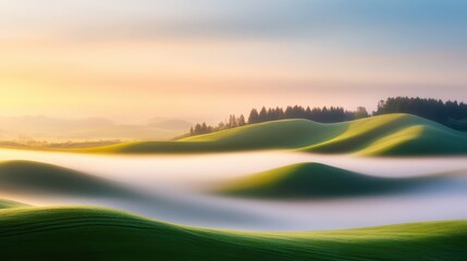 A serene landscape featuring rolling green hills shrouded in mist, illuminated by a soft sunrise. The tranquil scene evokes a sense of peace and connection with nature.