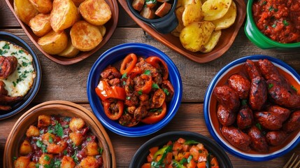 Assorted tapas dishes on wooden table