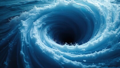 Illustration displays blue water vortex with white swirl motion. Abstract liquid wave swirls around forming whirlpool. Bright twirl macro light art, ripple pattern, flowing stream, fresh ice texture,