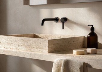 Travertine sink in minimalistic japandi bathroom, natural stone bathroom design