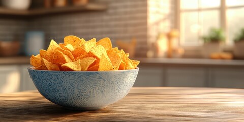 Delicious golden tortilla chips in a decorative bowl on a wooden table in a bright kitchen setting