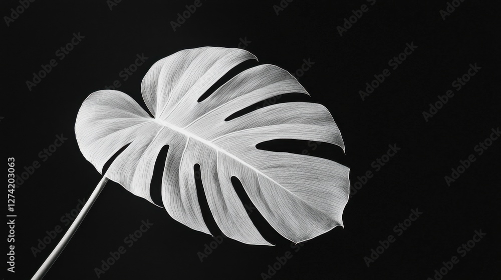 Poster monstera leaf close-up studio setting nature black background macro view texture and shape explorati