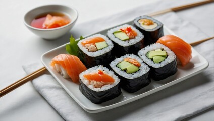 a plate of sushi with salmon and vegetables