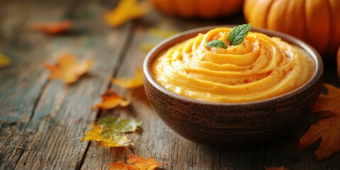 Delicious pumpkin puree served in a rustic bowl surrounded by autumn leaves and decorative pumpkins