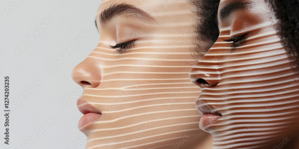 Poster profile view of two faces with overlaid linear pattern