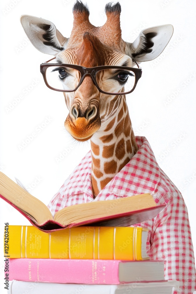 Poster giraffe wearing glasses and pajamas reading a book piled on colorful textbooks in a whimsical librar