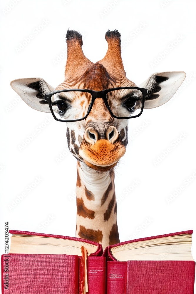 Poster giraffe in glasses with books embracing the joy of reading in a playful library setting