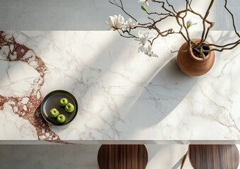 Minimalist calacatta viola marble kitchen island with wooden hockers and organic styling with magnolia flowers and apples, wabi-sabi japandi kitchen