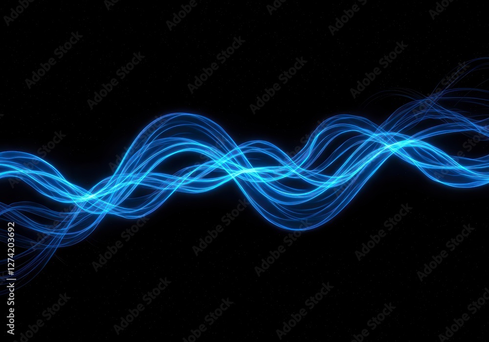 Poster computer-generated artwork of luminous blue curves, creating a cosmic and dynamic flow