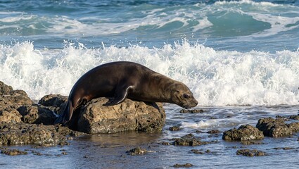 Naklejka premium Playful sea lion basking on sunlit rocks diving into water to catch fish