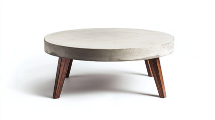 Modern round concrete coffee table with wooden legs on white background for minimalist interior design, furniture decor, and contemporary living spaces.