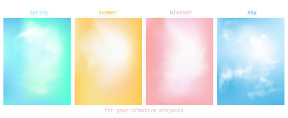 Set of vector gradient backgrounds with grainy texture. Soft and mesh light background for your for your creative projects. All layered and grouped. Vector.