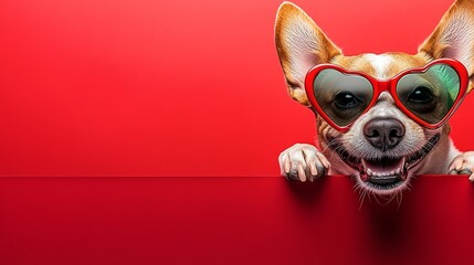 Dog wearing sunglasses and a heart shaped frame is looking at the camera. The image is set on a red background