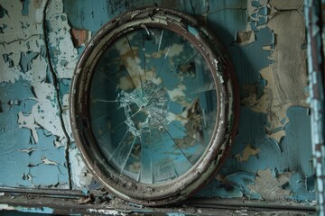 Obraz premium Abandoned room with a broken mirror and dusty furniture showing signs of decay in an old house