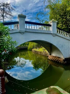 Elegant bridge spanning across a serene park, gracefully arching over a gentle lake with flowing water beneath.