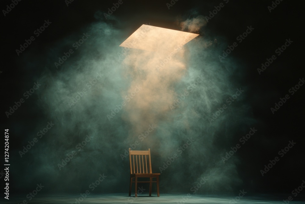 Poster gravity-defying objects create surreal atmosphere in mystical room with smoke effects