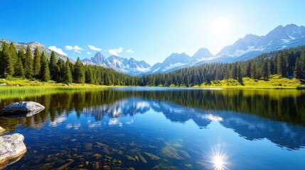 Fototapeta premium A serene mountain landscape featuring a tranquil lake, surrounded by lush greenery and towering peaks under a bright blue sky. Perfect for nature and travel enthusiasts.