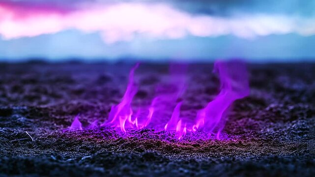 A dark purple fire lying on a patch of scorched earth in the middle of a desert, glowing eerily in the dim light as smoke rises in thick columns