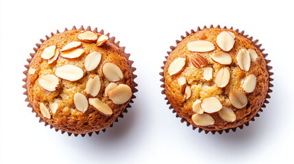 Top view and side view of freshly baked almond muffins with sliced almond topping, isolated on white background, ideal for breakfast, snack, and bakery concepts.