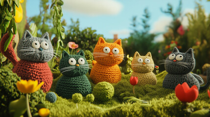 Cats made of knitted wool in a cartoon style