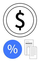 Dollar sign inside circle, blue percentage icon, and a stack of invoices. Ideal for finance, accounting, business management, cost calculation, billing financial analysis savings. Simple abstract