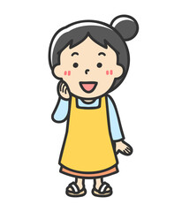 頬に手を当てたエプロンを着た主婦