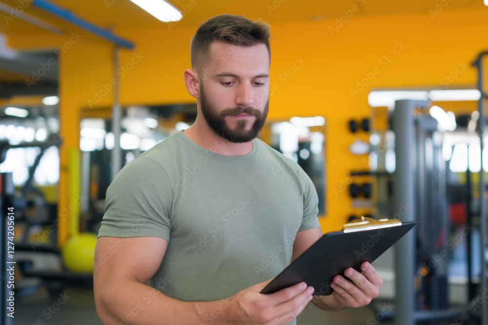 Poster a man with a clipboard is standing in a gym. he is looking at the clipboard and he is focused on the